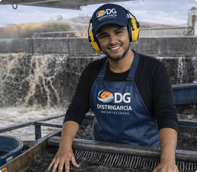 Técnico minero de DG Distrigarcía Importaciones usando equipo de protección personal (EPP) en una zona de lavado y filtrado industrial.