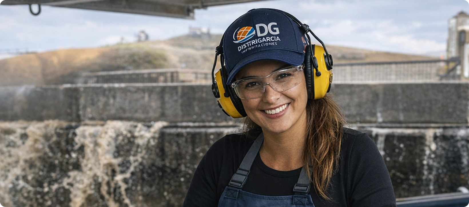 Especialista técnica de DG Distrigarcía sonriendo en una planta de procesamiento, equipada con EPP corporativo, representando el compromiso y servicio personalizado de la empresa.